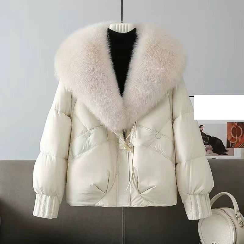 Women's Clothing Short Puffer Jacket With Fox Fur Collar - Cozy Winter Coat, Thicken Warm Fleece Lining, Loose Fit, Zipper Closure, Multiple Colors_voghion.com