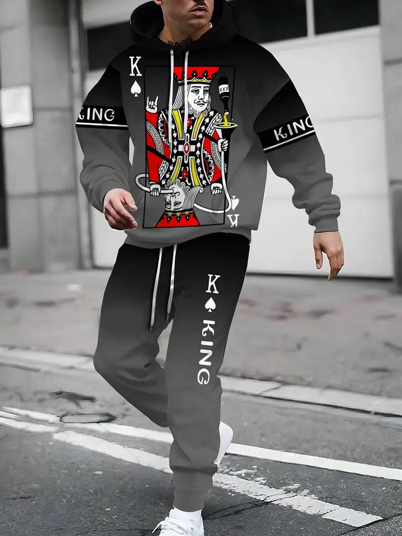 Conjunto de sudadera y jogger con estampado digital 3D de moda: forro polar suave, atuendo informal con temática de póker para hombre y mujer._voghion.com