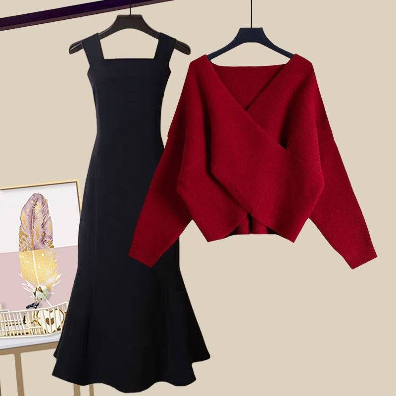 Ensemble 2 pièces élégant pull croisé et robe noire amincissante – Tenue printanière polyvalente pour femme (plusieurs coloris disponibles)_voghion.com