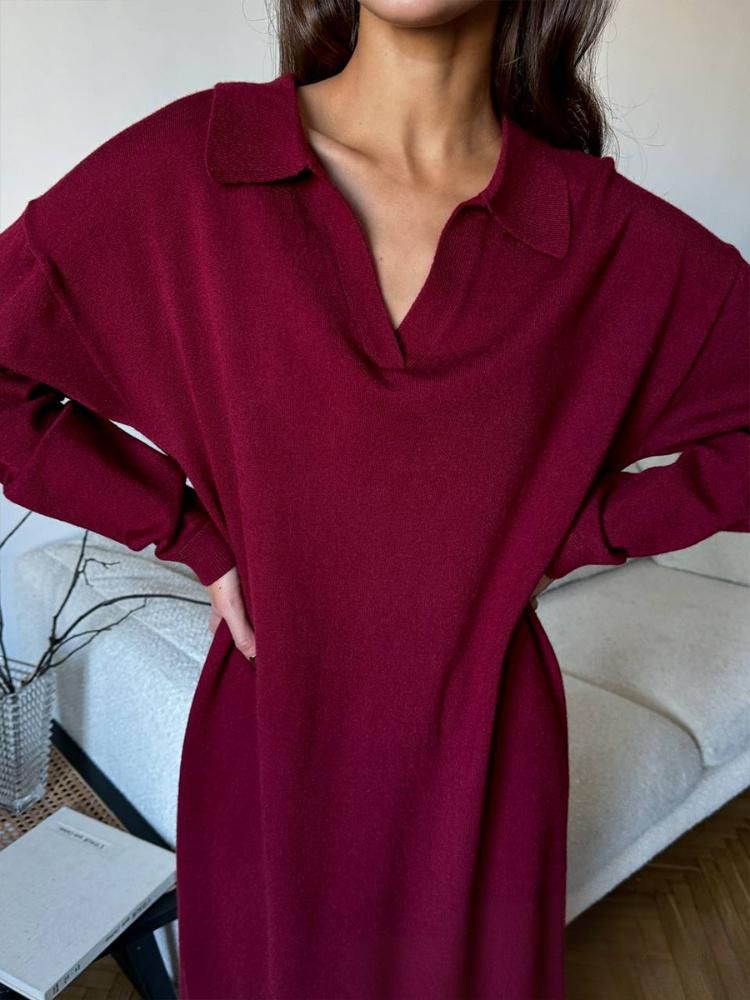 Elegante abito in maglia con spacco alto - Silhouette lunga fluida Abito in maglia morbido con collo a forbice Gonna lunga ampia ed elegante e versatile_voghion.com