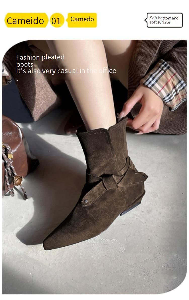 Cameido Women's Pointed Toe Lace Up Thick Heel Short Boots Vintage Suede Western Boots Mocha Slim Boots_voghion.com