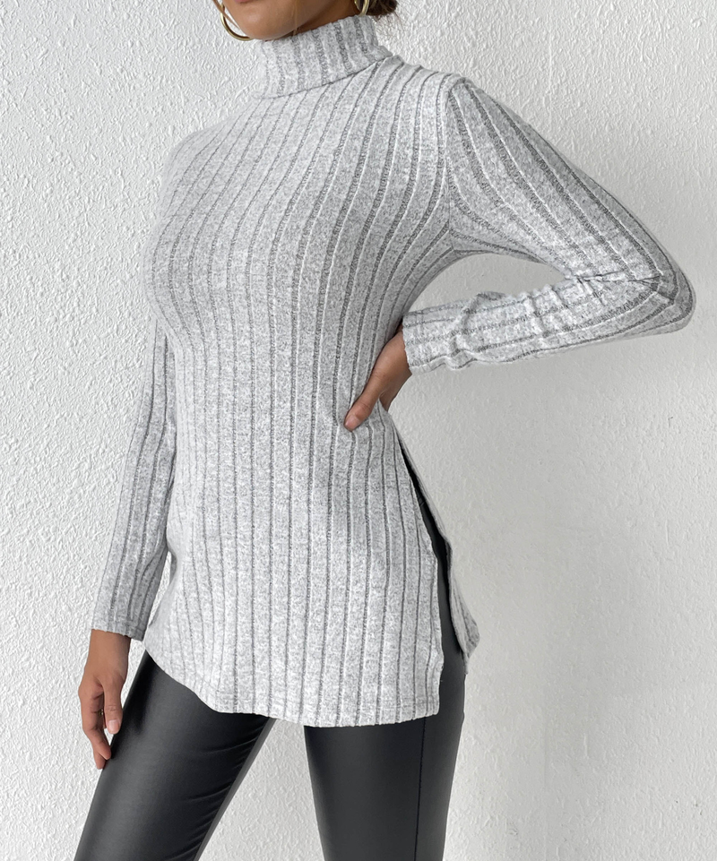 Women's turtleneck pullover slit slim-fit base pit striped medium length_voghion.com