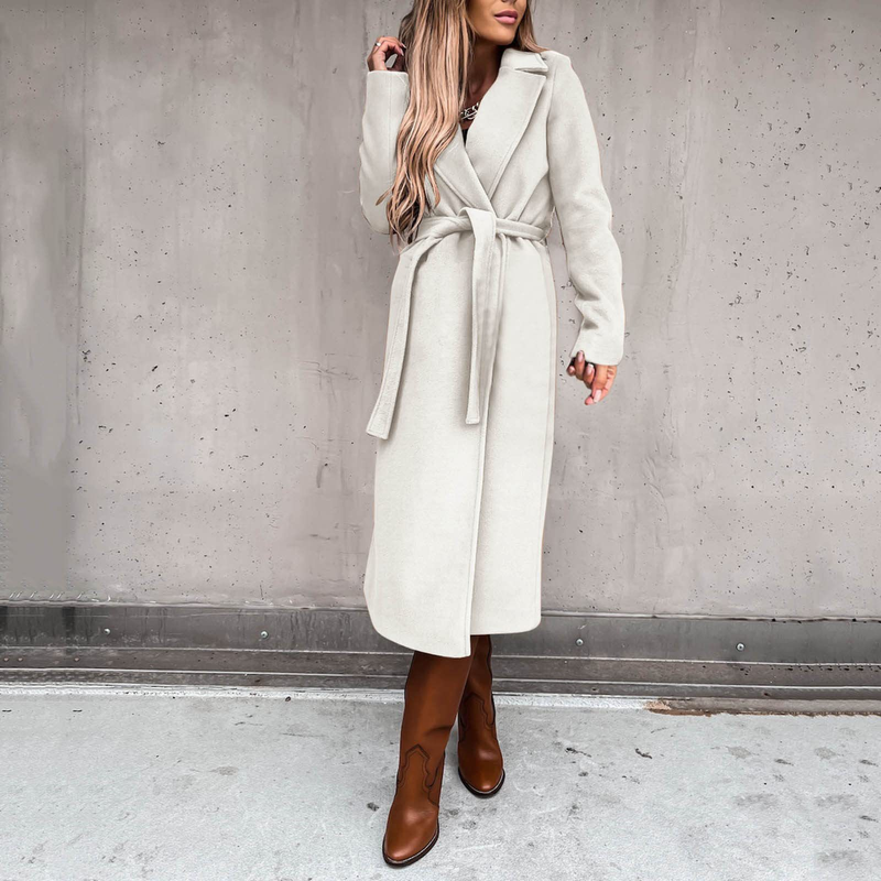 Autumn and winter women's solid color lapel long-sleeved woolen jacket simple strappy windbreaker_voghion.com