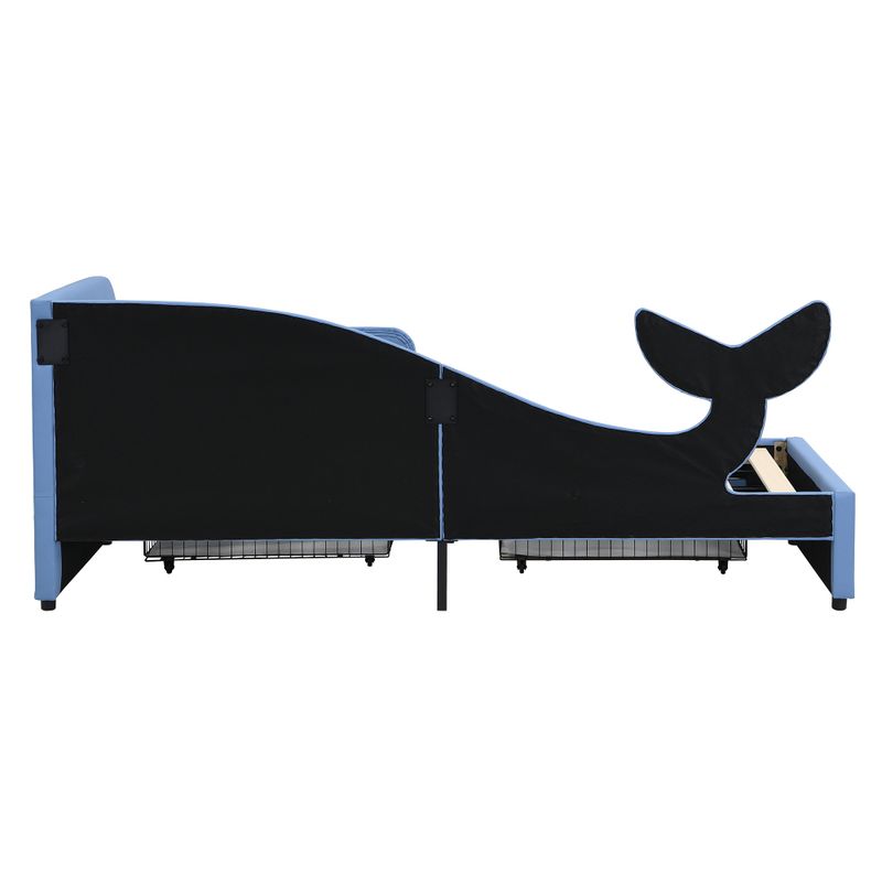 Kinder-Spleißbett, Polsterbett, Tagesbett, Walförmiges Design, Schlafsofa , 2 Schubladen Auf Rollen, PU+MDF+Sperrholz, Blu, 90x200cm_voghion.com