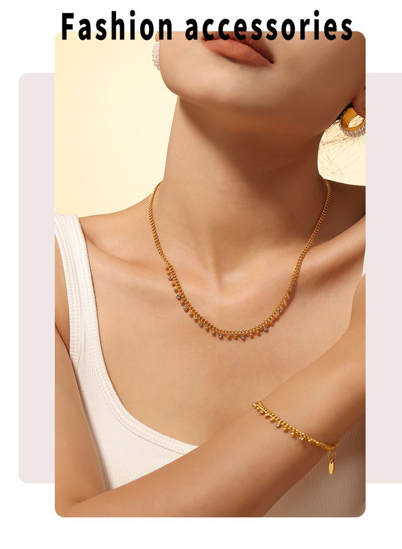 Titanium Steel Small Round Bead Inlaid Rhinestone Interval Pendant Tassel Necklace Bracelet Set_voghion.com