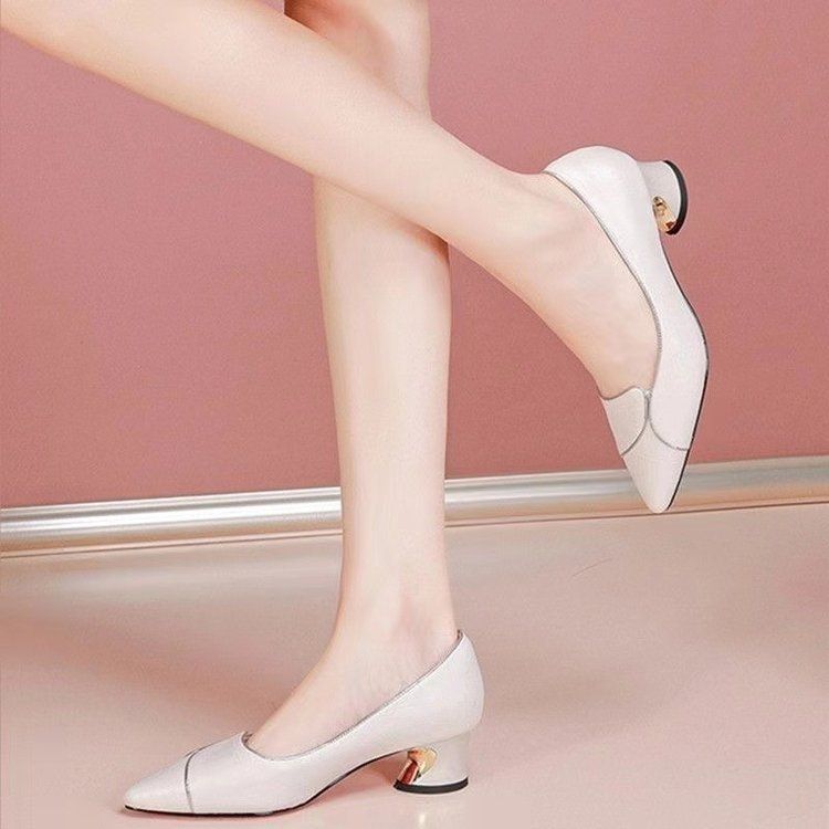 Flache Einzelschuhe Damenmode Niedrige Absätze Arbeitsschuhe Dickabsatz Spitze Dickabsatz Lederschuhe Damen_voghion.com