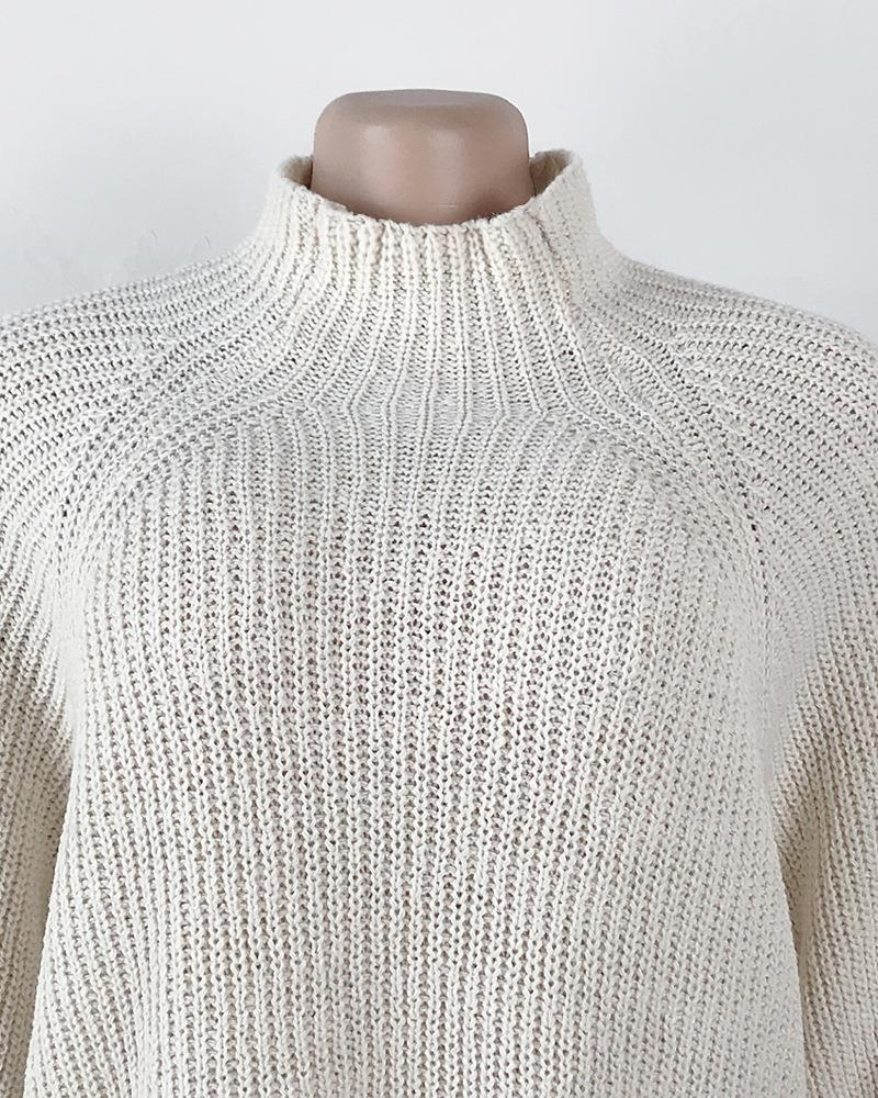 Knitted Sweater Mid-Length Raglan Sleeve Half Turtleneck Sweater Dress_voghion.com