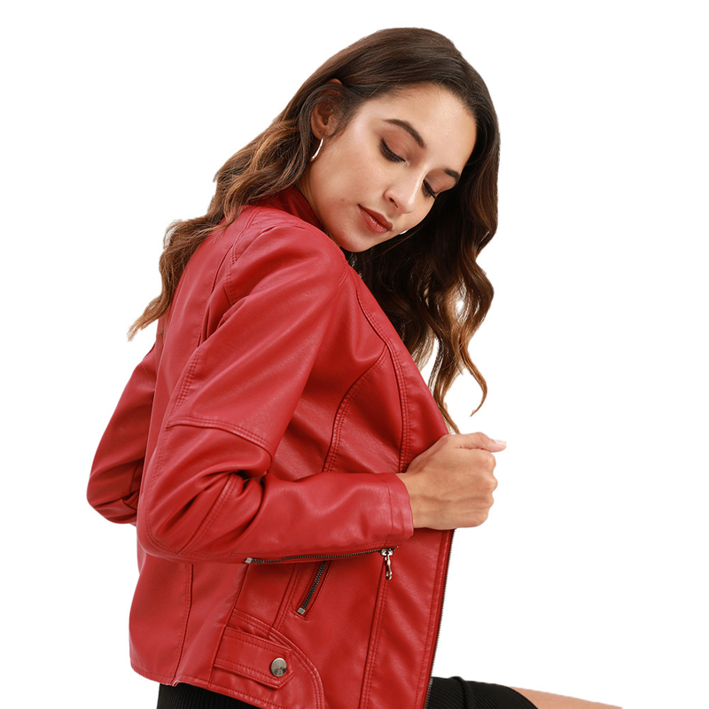 European Women's Slim Fit Thin Spring Autumn Coat Ladies Motorcycle Plus Size Stand Collar Leather Jacket_voghion.com