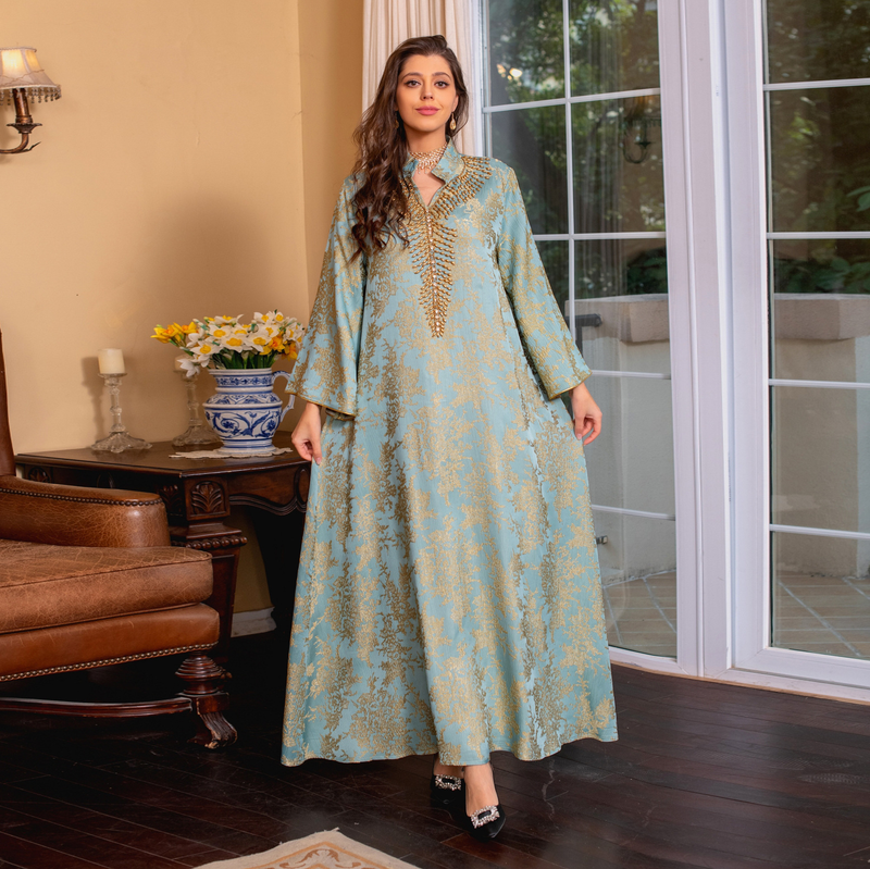 Women's Clothing Muslim Evening Gown Jacquard Embroidery Dress Beading Fashion Kaftan Arabian Dubai Robe_voghion.com