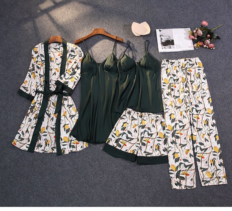 Large size five piece women's summer sexy suspender printed pajama set with colored dice_voghion.com