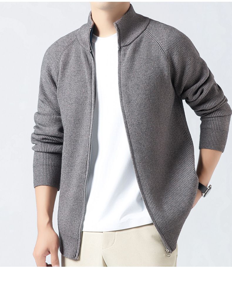 "Men's Textured Knit Cardigan – Stand Collar Drop Shoulder Sweater (Brown/Grey/Black/Navy, Sizes M-XXXL)"_voghion.com