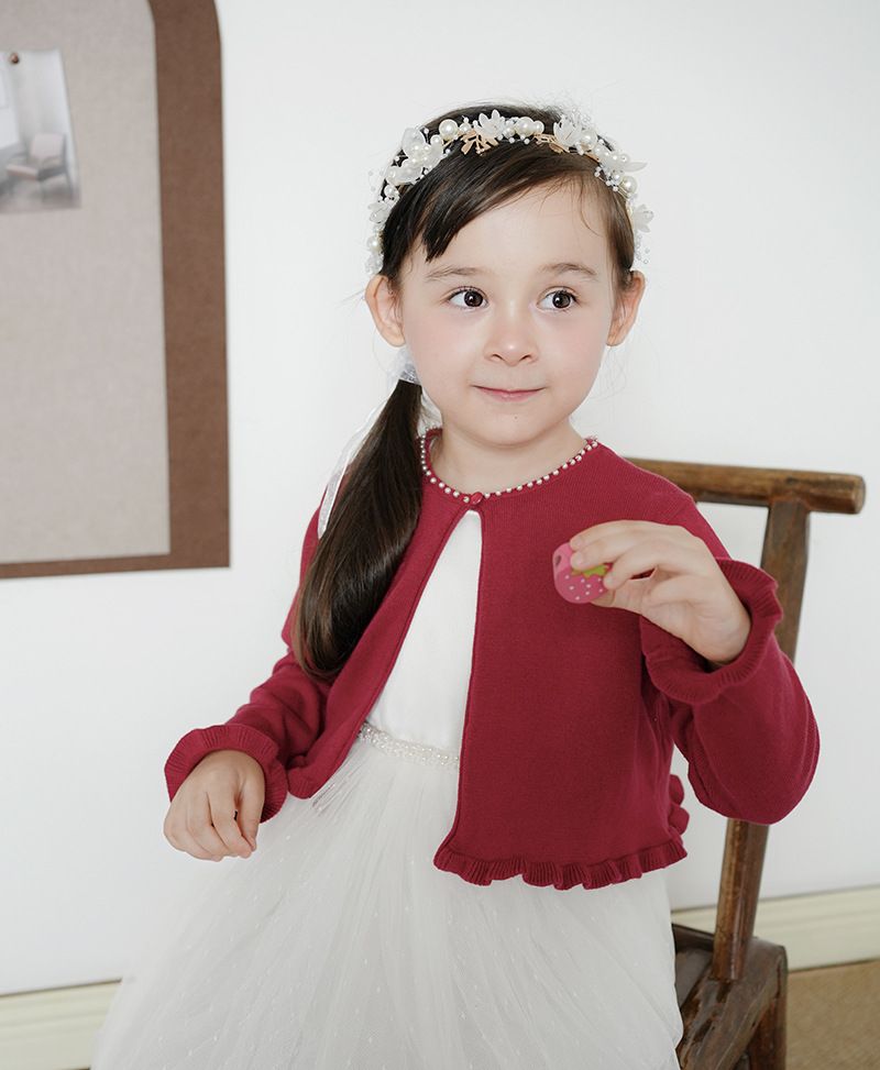 Handgefertigte Strickjacke mit Perlenbesatz und Spitzenbesatz für Mädchen von Mother & Kids – Weicher Strickpullover mit Rundhalsausschnitt und langen Ärmeln (Weiß/Rosa/Burgunderrot, 90–160 cm)_voghion.com