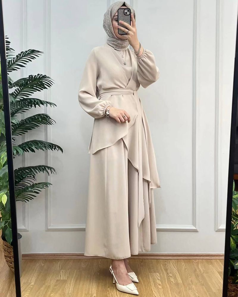 2024 Spring New Women's Clothing Muslim Style Solid Color Fashion Strap Wide Leg Pants Set_voghion.com