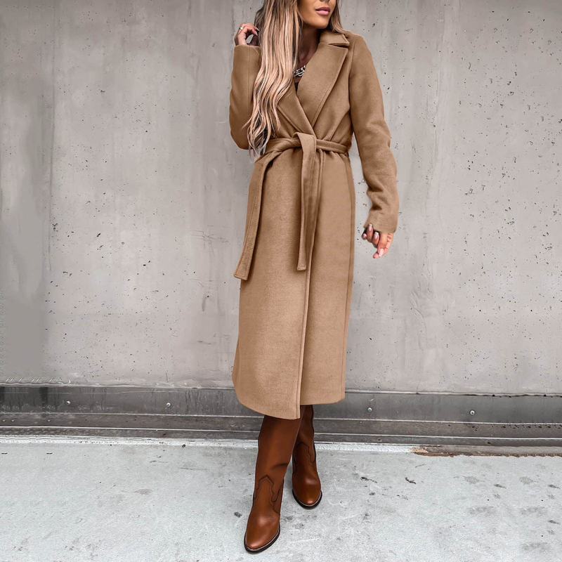Autumn and winter women's solid color lapel long-sleeved woolen jacket simple strappy windbreaker_voghion.com
