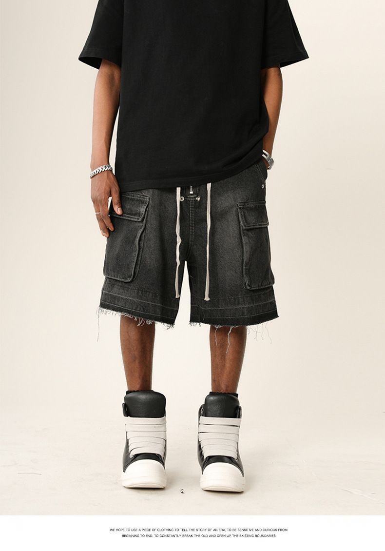 Herreklær High Street Vibe Vasket, slitt denimshorts med rå kanter Trendy merkevare Løse shorts med flere lommer_voghion.com
