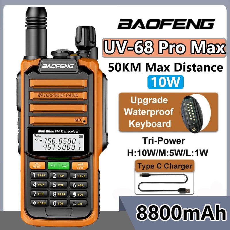 Baofeng UV-68 Max V2 Walkie Talkie 10W IP68 Waterproof 8800mah 50KM LongRange Type-C UV-S22 UV-98 Pro Ham Two Way Radios_voghion.com