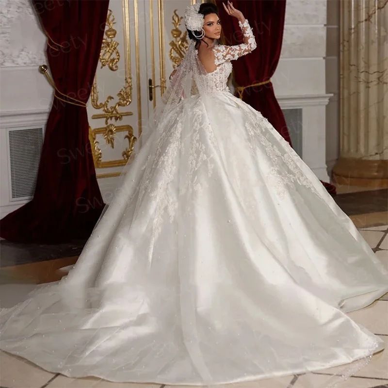 Elegant Long Sleeve Wedding Dress With Cathedral Train – Luxurious A-Line Bridal Gown, Slimming & Flattering Fit For Bride_voghion.com