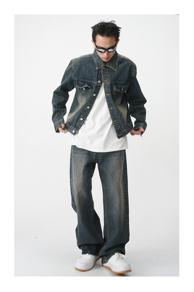 Herre vårlig denimbukser, jakke, dress, vintage_voghion.com