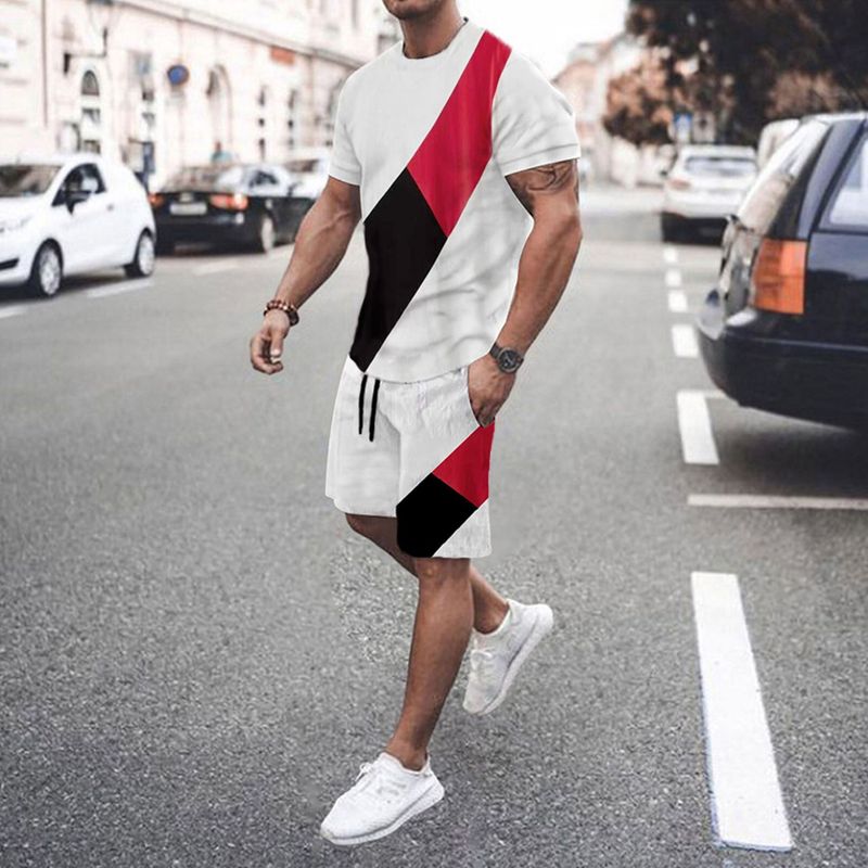 Fashion Sports Men's Round Neck High Elasticity Muscle Short Sleeve Multi Color Splicing Set_voghion.com