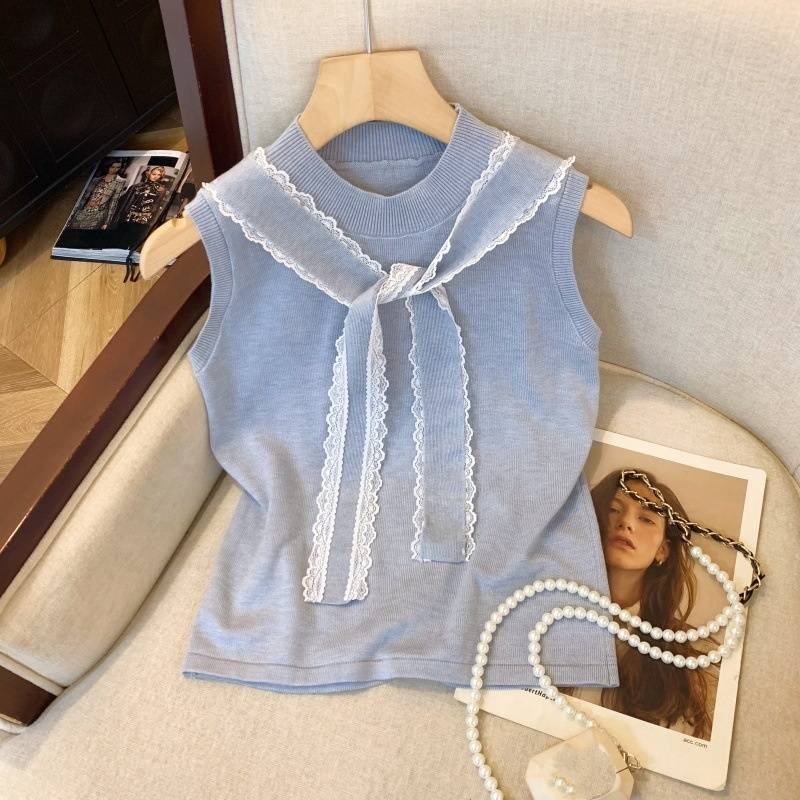 Damenbekleidung Spitze Rundhals Strickweste Weste Für Frauen Sommer Neuer Stil Mehrlagige High-End-Nischenoberteile_voghion.com
