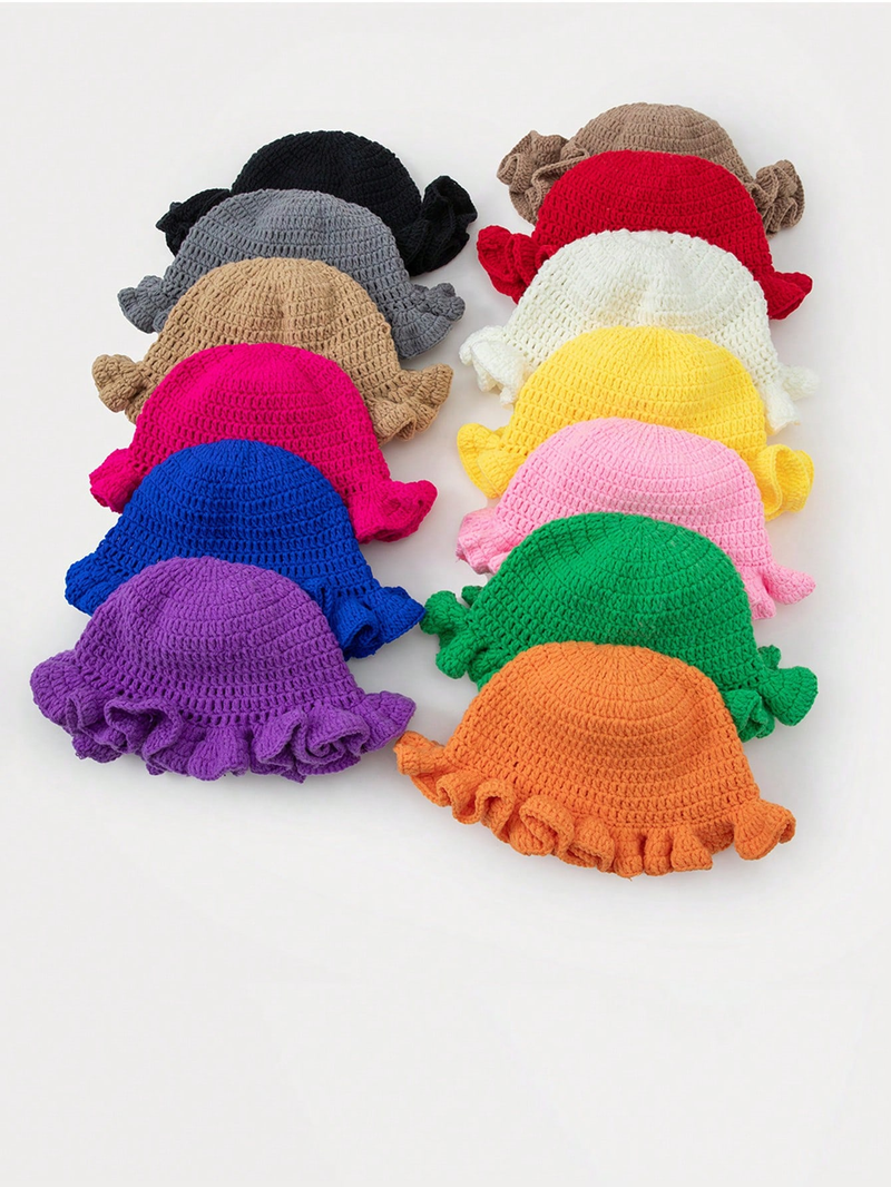 Solid Color Hand Woven Knitted Hat Bohemian Style Hollowed Out Pleated Hat, Bamboo Hat, Ruffled Edge Pullover Hat_voghion.com
