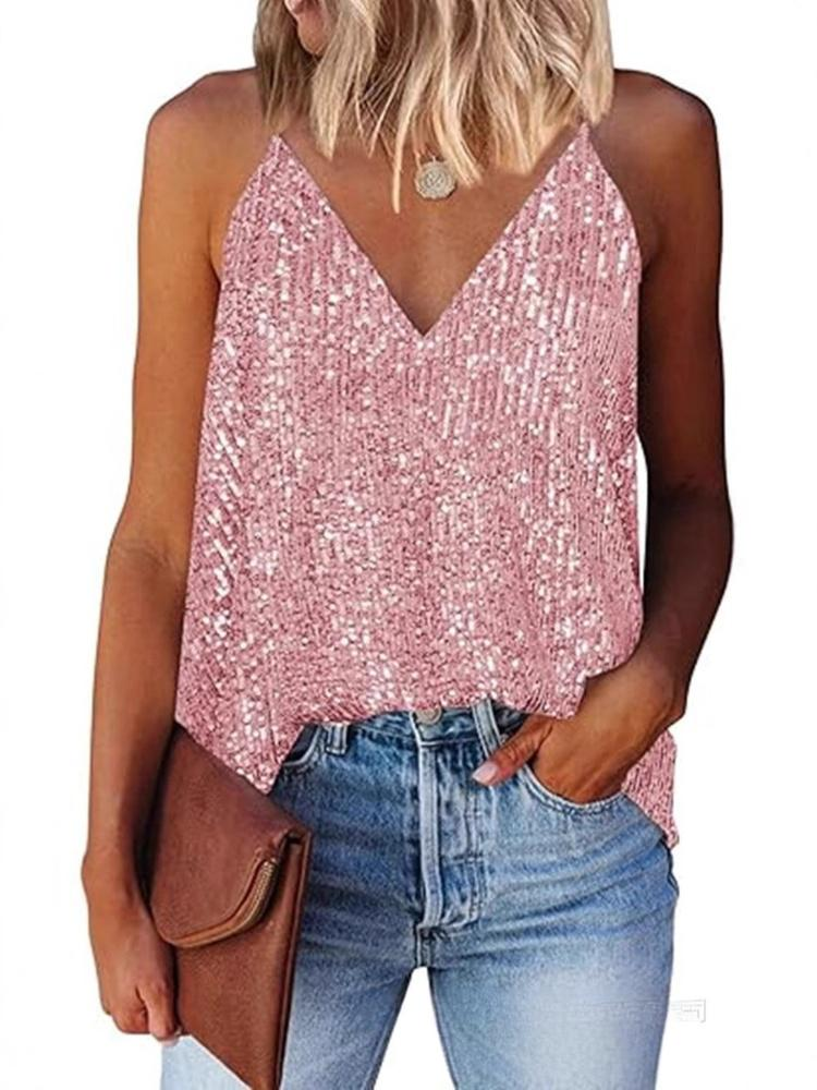 Damenbekleidung Damen Sexy V-Ausschnitt Pailletten Spaghettiträger T-Shirt Sommer Ärmellose Bluse Loose Fit Party Top V-Ausschnitt Pailletten Spaghetti_voghion.com