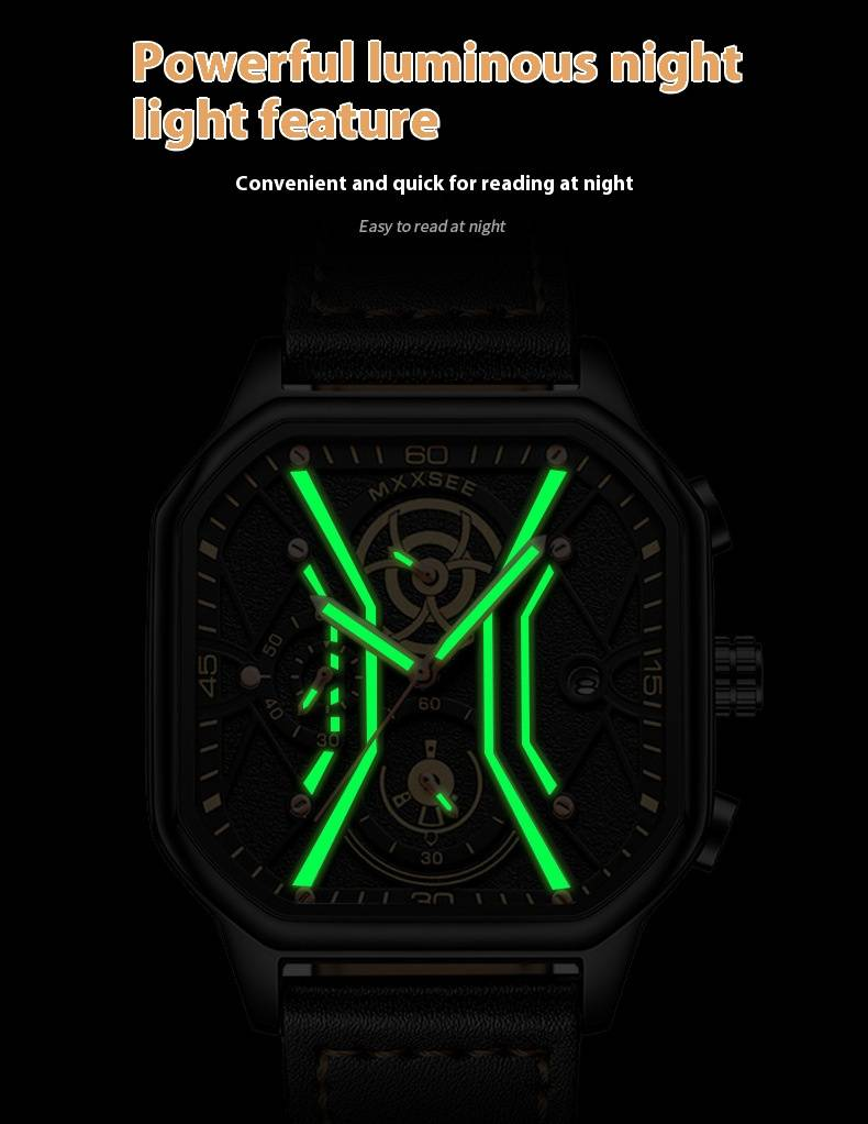 Orologio sportivo al quarzo da uomo con datario, lancette luminose, resistenza all'acqua fino a 30 m, cinturino in pelle, fibbia in acciaio inossidabile, vetro minerale._voghion.com
