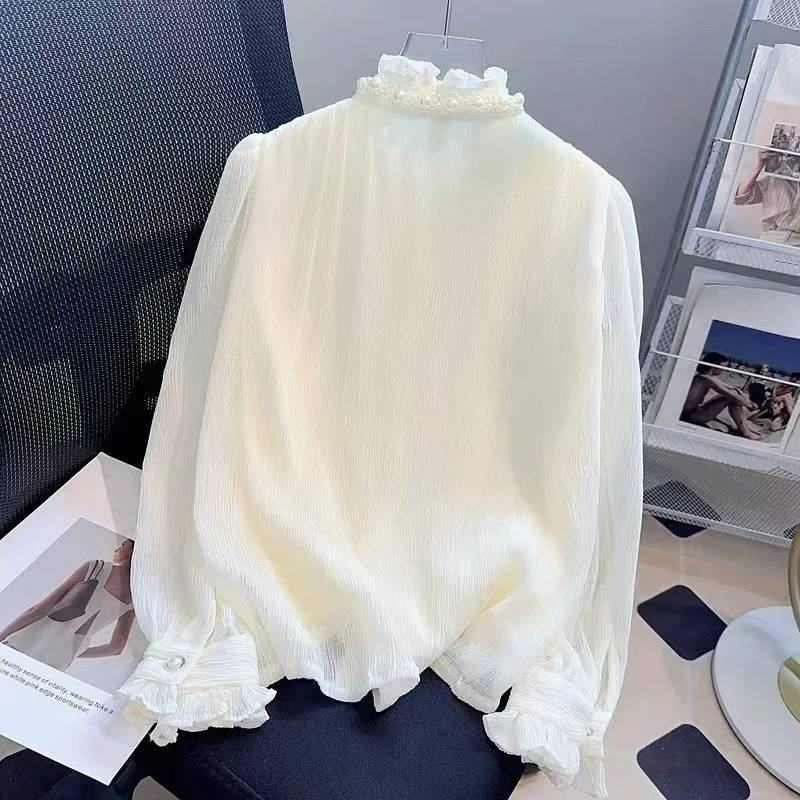 Vintage Lace Blouse – Pearl-Trimmed High Neck With Bishop Sleeves (S-2XL, Shell & Fleece Lined, Polyester Chantilly Lace, Baroque Office Romance)_voghion.com