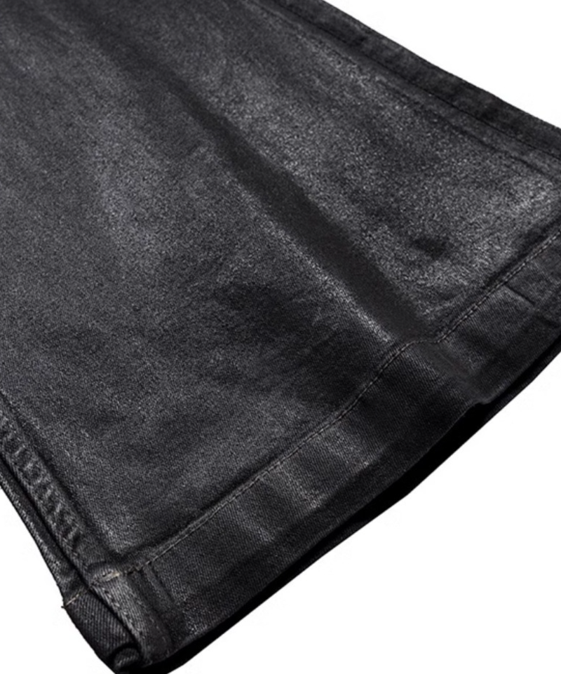 Men's Waxed Coated Flared Jeans - Dark Aesthetic Wide-Leg Denim Pants With Draped Hem & Detachable Straps_voghion.com