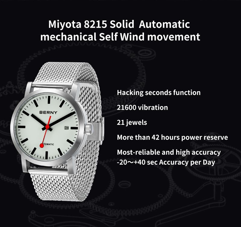 BERNY Automatic Watches For Men Minimalist Stainless Steel Mesh Band Analog Mechanical Watch With Date 5ATM Waterproof Luminous Sapphire Wrist Watch_voghion.com