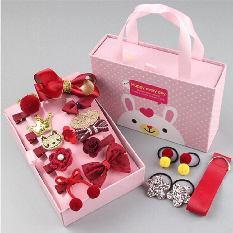Kinderkleidung, 18-teiliges Set, tragbare Geschenkbox, Haarseil, Prinzessin, kleines Mädchen, Haarseil, Baby-Haarspange, Geschenkbox-Set_voghion.com