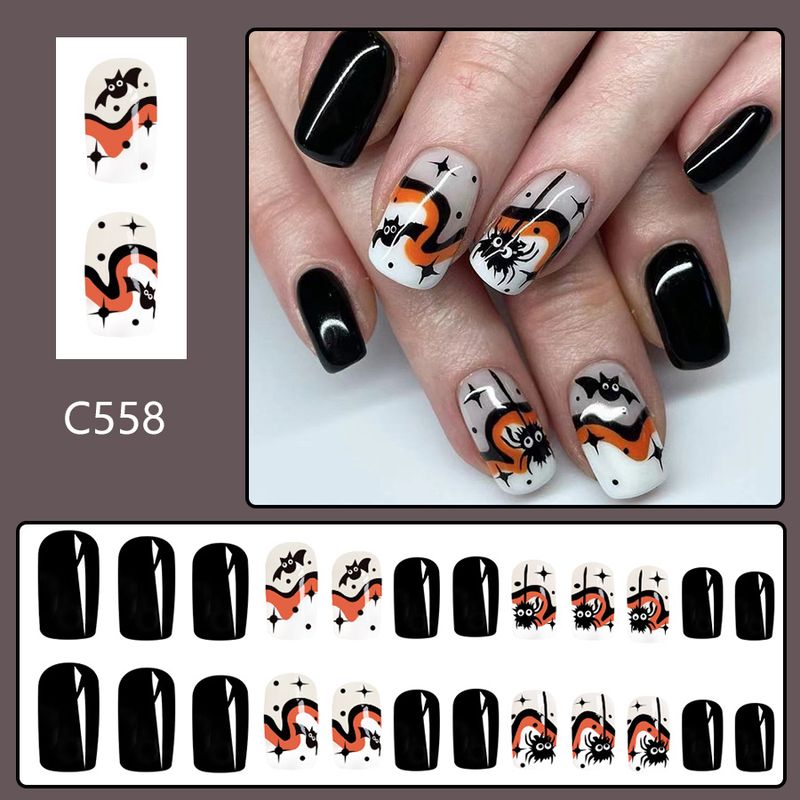 Corto glitterato quadrato armatura Halloween carino nero ragno pipistrello irregolare multicolore modello indossare manicure 24 pezzi_voghion.com