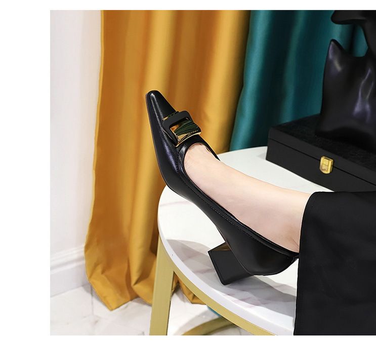 1235-K56 Stile Professionale OL Donna Bocca Bassa Piccola Testa Quadrata Fibbia In Metallo Tacco Medio Spesso Pendolare Singolo_voghion.com