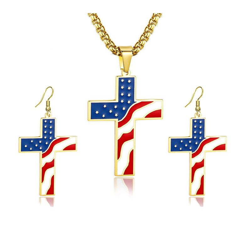 Heißer Verkauf Halskette Für Männer Amerikanischen Unabhängigkeitstag Kreuz Anhänger Ohrringe Paar Set Schmuck_voghion.com