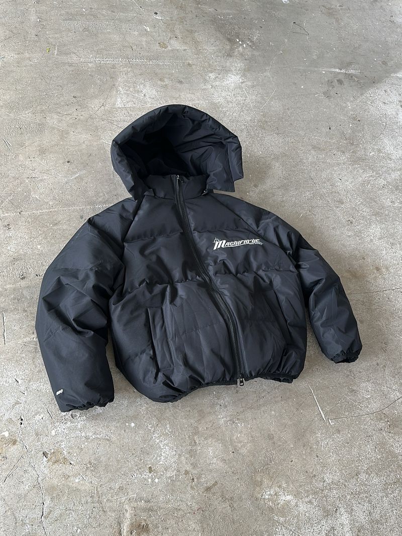 Streetwear Oversized Puffer Jacket – Hip-Hop Gothic Print Hooded Coat With Slanted Hem & Zip Pockets_voghion.com