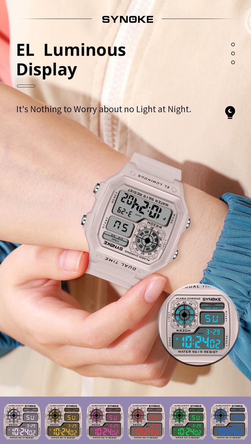 Retro Digital Sports Watch For Women, Waterproof With Night Light, Square Dial, Classic Design, Stopwatch, Alarm, 30M Water Resistance_voghion.com