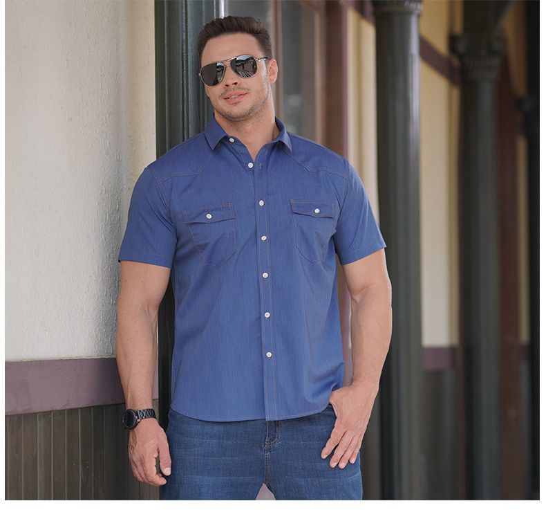 Herrenbekleidung Plus Size Elastic Denim Kurzarmhemd Fat Guy Business Casual Dünnes Hemd Fat Brother Plus Fat_voghion.com