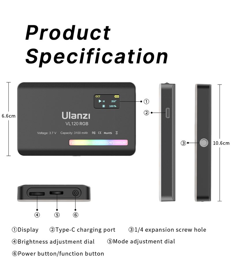 Ulanzi VL120 Full Color RGB Video 2500K-9000K LED Photography Lighting Dimmable Camera Live Vlog Fill Light_voghion.com