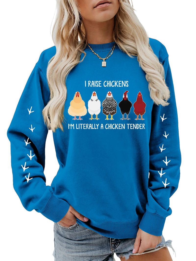 Felpa con stampa scozzese a maniche lunghe e girocollo, divertente e divertente, con scritta "I Raise Chickens" in autunno e inverno_voghion.com
