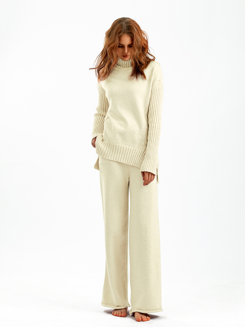 Conjunto de suéter estilo ocidental da moda feminina, calças de pernas largas, conjunto de duas peças_voghion.com