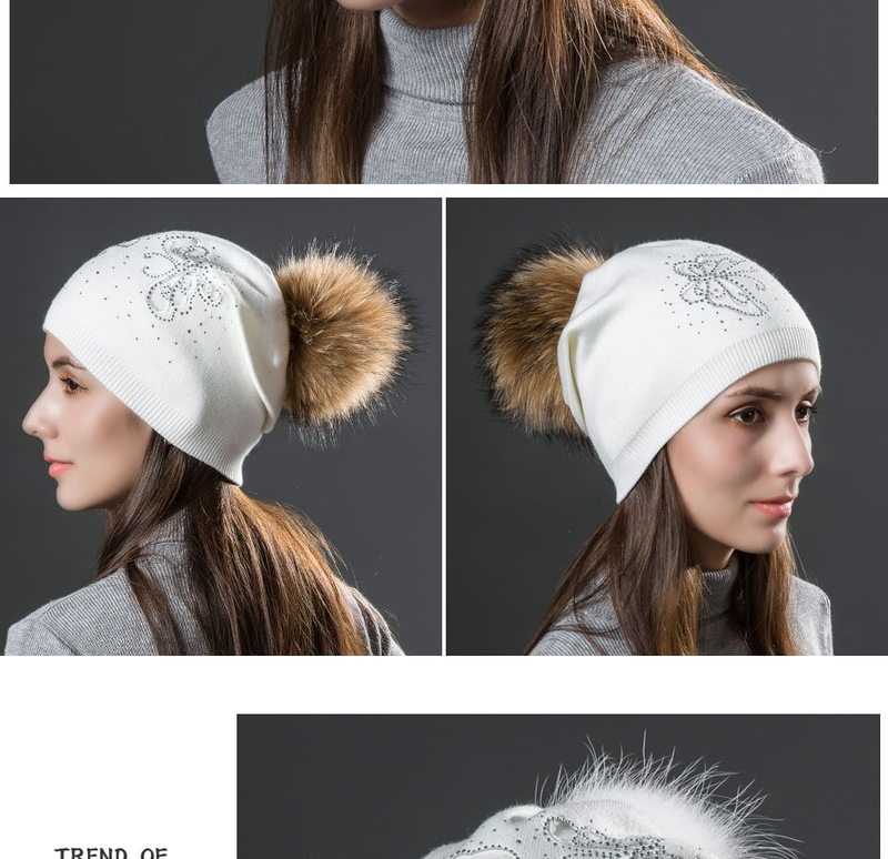 Women's Winter Fur Raccoon Ball Warm Hot Diamond Hollow Butterfly Knitted Versatile Fashion Pullover Hat_voghion.com