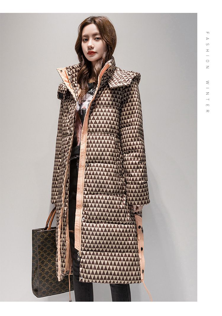 Women's Long Plaid Puffer Coat With Hood, Thickened Knee-Length Quilted Down Jacket For Winter, Oversized Casual Parka_voghion.com
