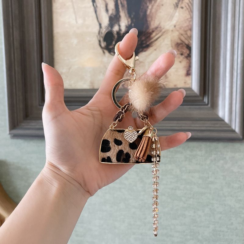 Trendy New Mink Fur Personalized Leopard Print Handbag Keychain Ornament Exquisite Bag Pendant_voghion.com