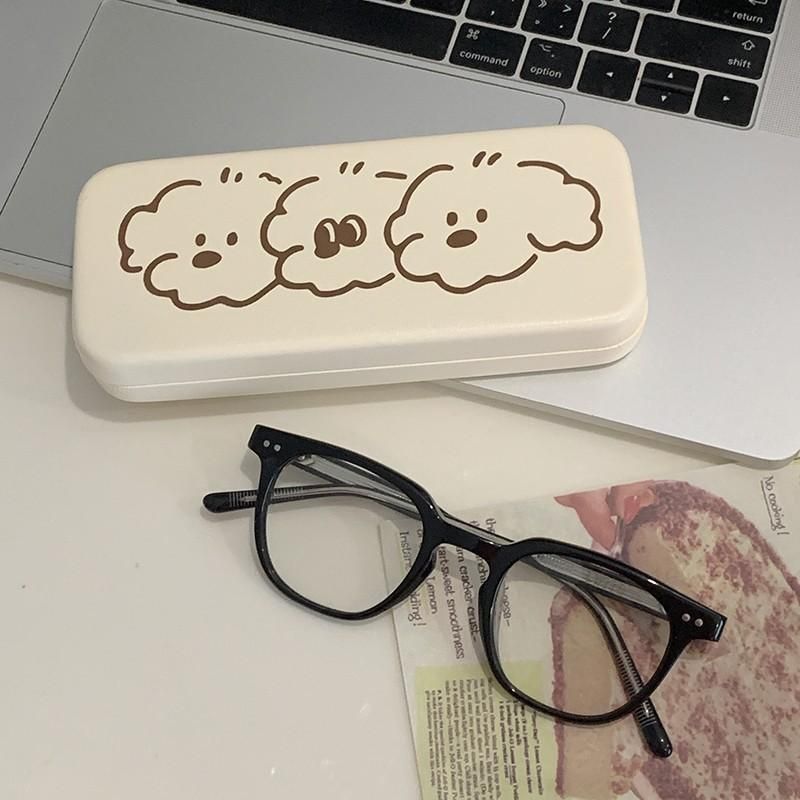Custodia per occhiali unisex color crema con tre cuccioli, carina, di alto livello, con specchio per miopia avanzato per studenti_voghion.com