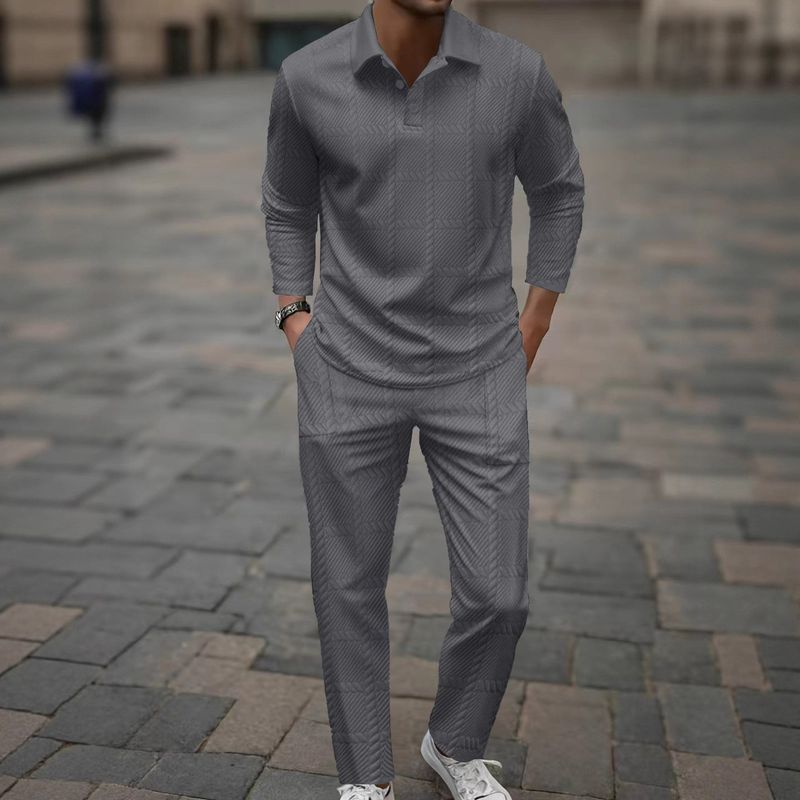 Heren herfst- en winterpak met lange mouwen en broek Dagelijks casual uitje Jacquard revers tweedelig pak_voghion.com