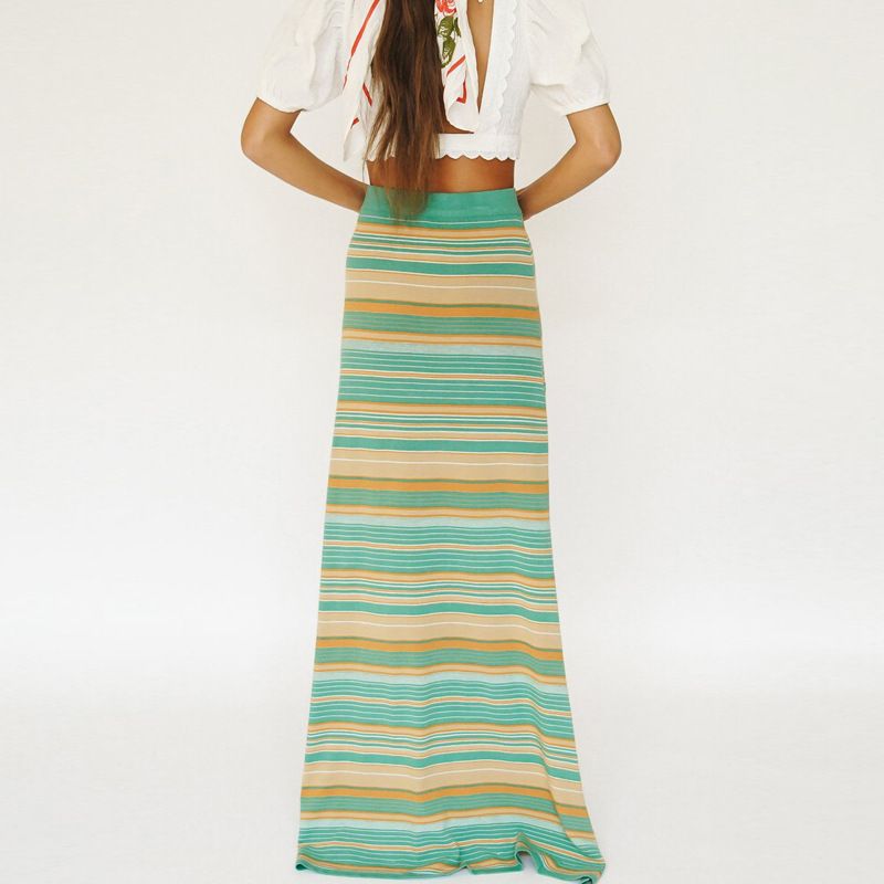 Abbigliamento da donna Gonna lunga sexy con spacco lavorato a maglia Gonna a mezza lunghezza con lacci Collo all'americana Top a righe Completo due pezzi_voghion.com