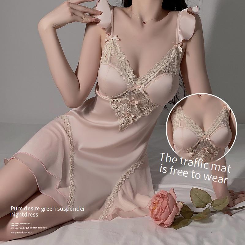 Women's Sexy Lingerie Patchwork Gathered Chest Pad Suspender Nightdress Open Front Robe Home Clothes Suit_voghion.com