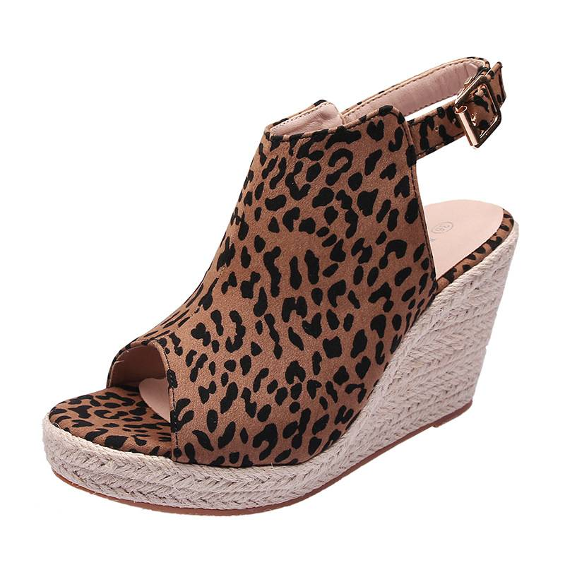 Damesschoenen Nieuwe sleehak Dikke bodem Vismond Hoge hak Sandalen Open teen Dames luipaardprint Stro Touwbodem Grote maten schoenen_voghion.com