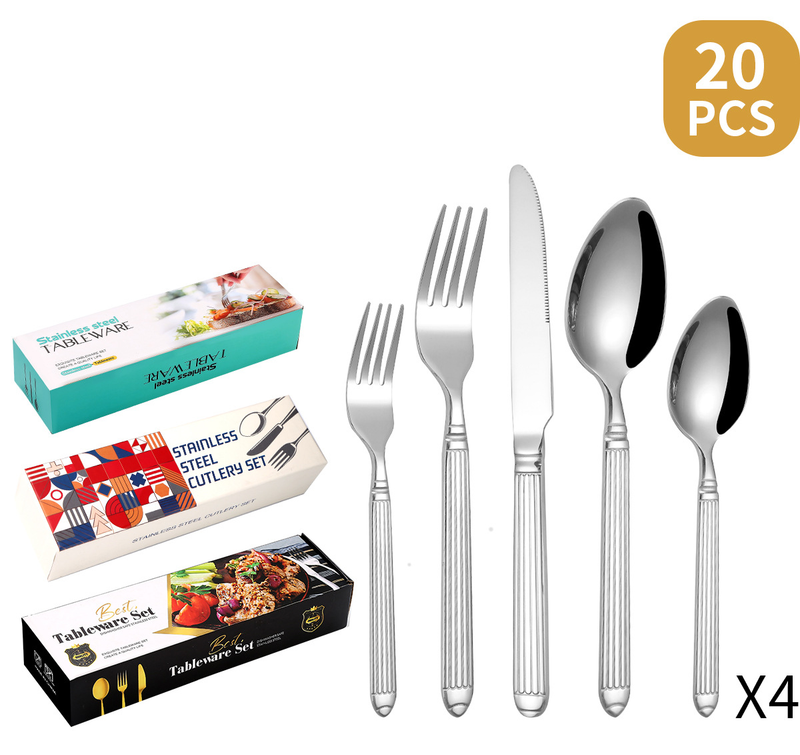 Set di posate in acciaio inossidabile - Set di 20 coltelli e forchette da bistecca (5 pezzi x 4 posate, qualità 18/10)_voghion.com