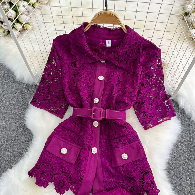 Fashion Suit Women's Light Luxury Two Piece Set Lapel Loose Single-breasted Lace Shirt Two-piece Set With High-waisted Pleated Skirt Elegant Female_voghion.com